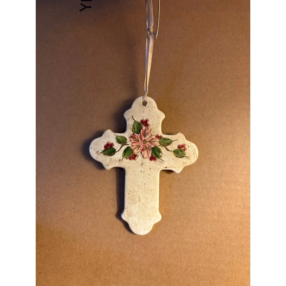 Handmade Ceramic Cross with Pink Flowers Wall Decor